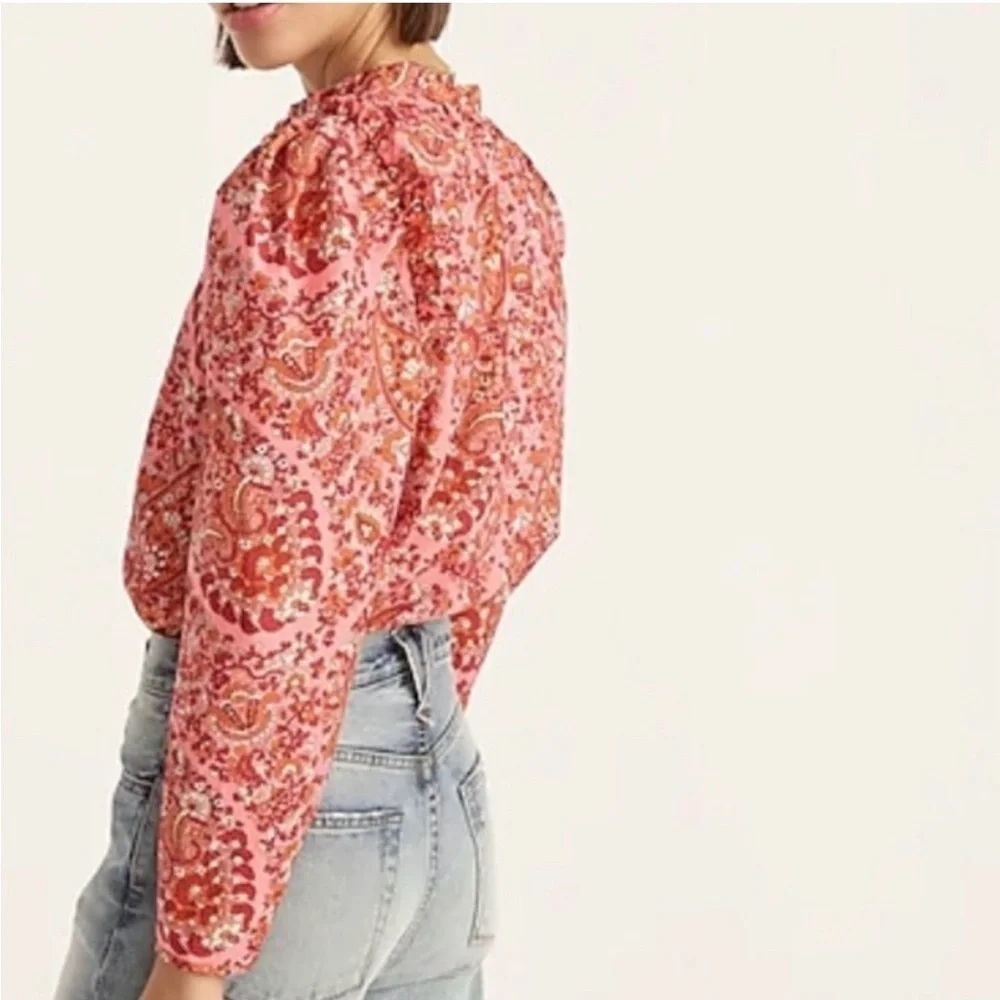 J. Crew Puff-sleeve paisley Ruffle neck Pink Red Boho Blouse Size XL